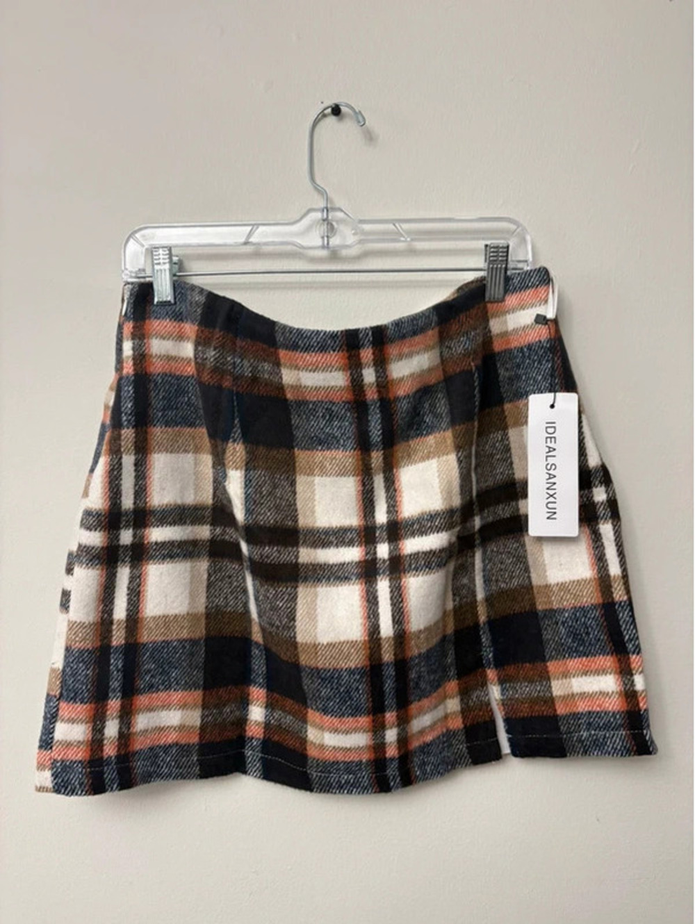 Plaid Pleated Mini Skirt Navy Cream Rust Size L NWT